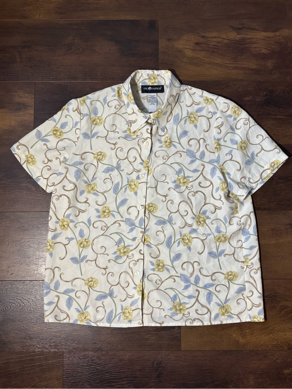 Sag Harbor Floral Scroll Blouse Women's Large Ivory Yellow Blue Button Up
